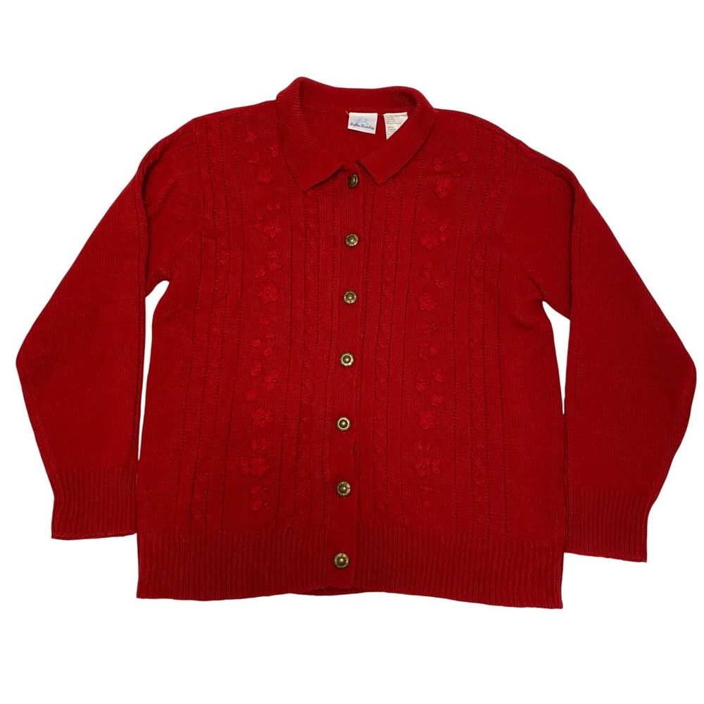 Embroidered Floral Cottagecore Cableknit Cardigan M Twee Grandma Coquette Retro